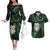 New Zealand Aotearoa Couples Matching Off The Shoulder Long Sleeve Dress and Hawaiian Shirt Maori Wheku Paua Shell Glitter Green