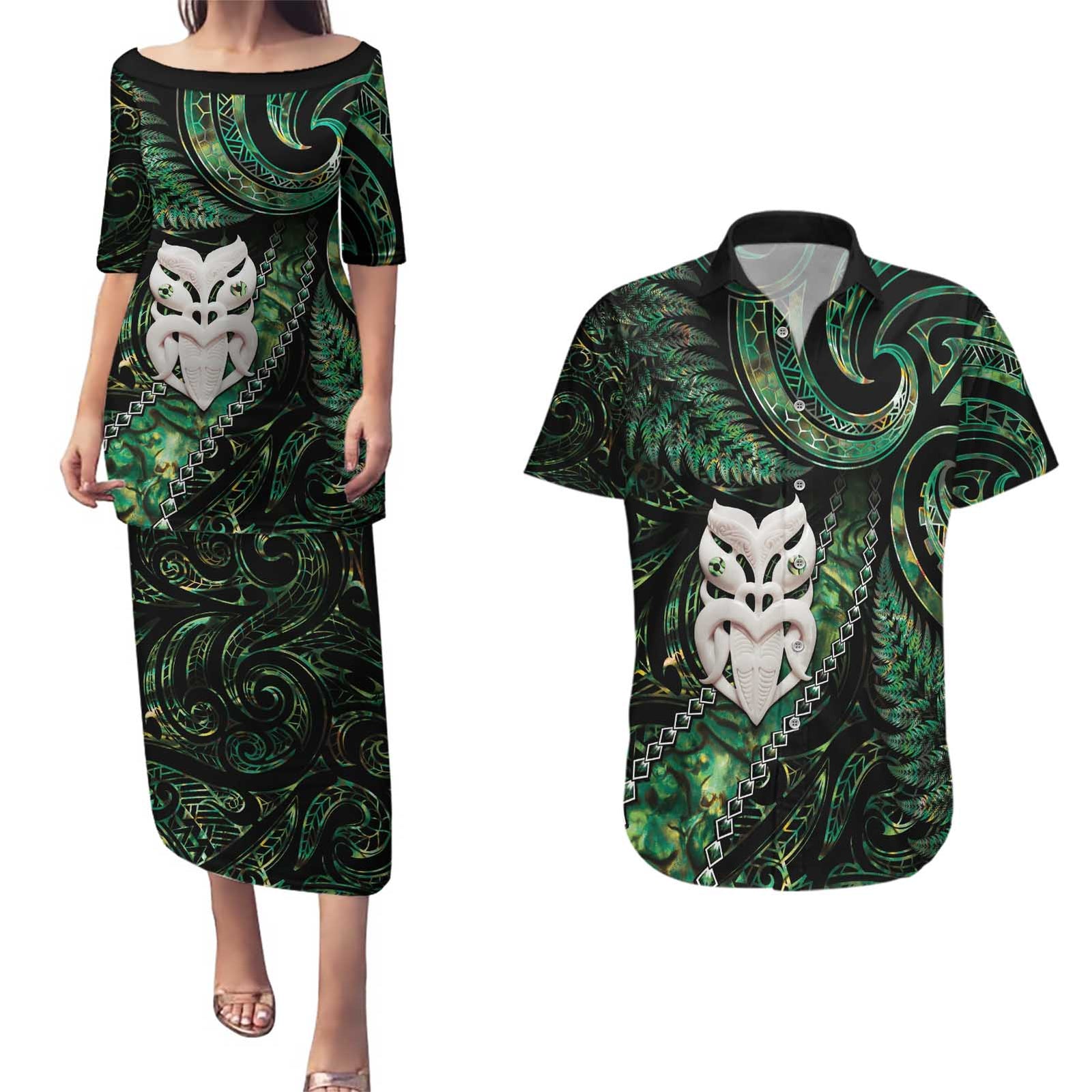 New Zealand Aotearoa Couples Matching Puletasi and Hawaiian Shirt Maori Wheku Paua Shell Glitter Green LT05 Green - Polynesian Pride