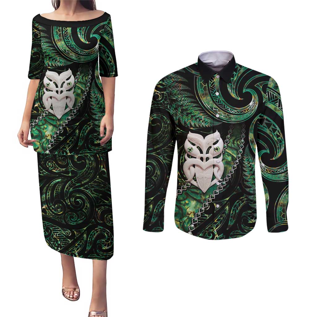 New Zealand Aotearoa Couples Matching Puletasi and Long Sleeve Button Shirt Maori Wheku Paua Shell Glitter Green LT05 Green - Polynesian Pride