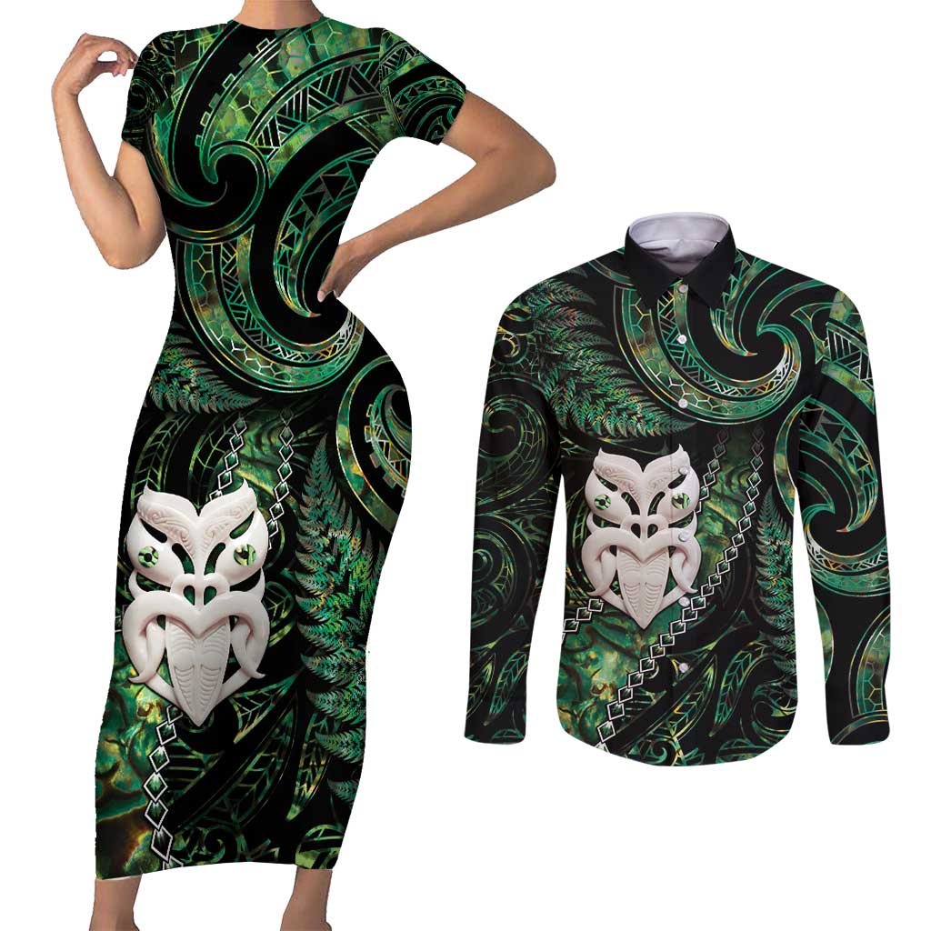 New Zealand Aotearoa Couples Matching Short Sleeve Bodycon Dress and Long Sleeve Button Shirt Maori Wheku Paua Shell Glitter Green LT05 Green - Polynesian Pride