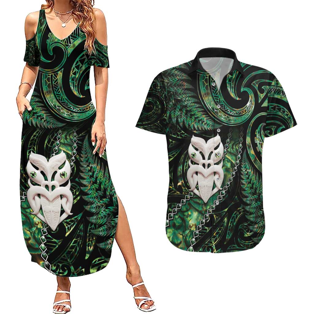 New Zealand Aotearoa Couples Matching Summer Maxi Dress and Hawaiian Shirt Maori Wheku Paua Shell Glitter Green