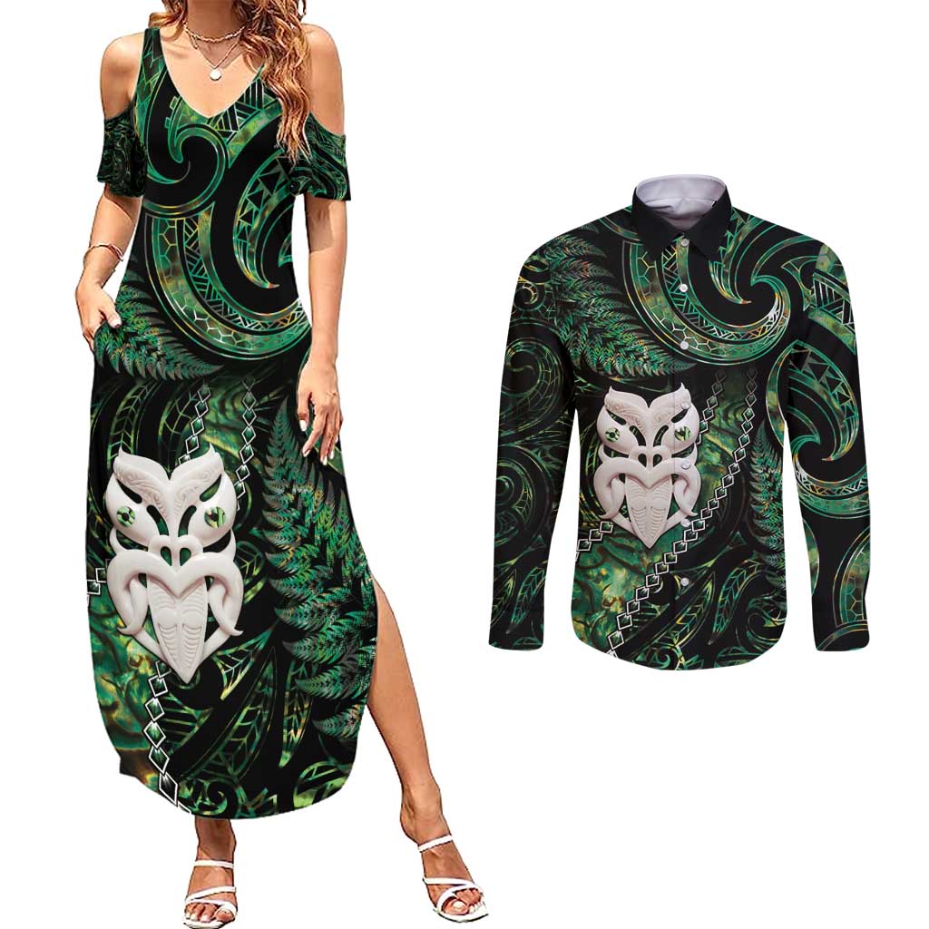 New Zealand Aotearoa Couples Matching Summer Maxi Dress and Long Sleeve Button Shirt Maori Wheku Paua Shell Glitter Green