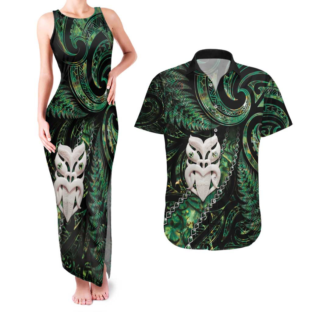 New Zealand Aotearoa Couples Matching Tank Maxi Dress and Hawaiian Shirt Maori Wheku Paua Shell Glitter Green