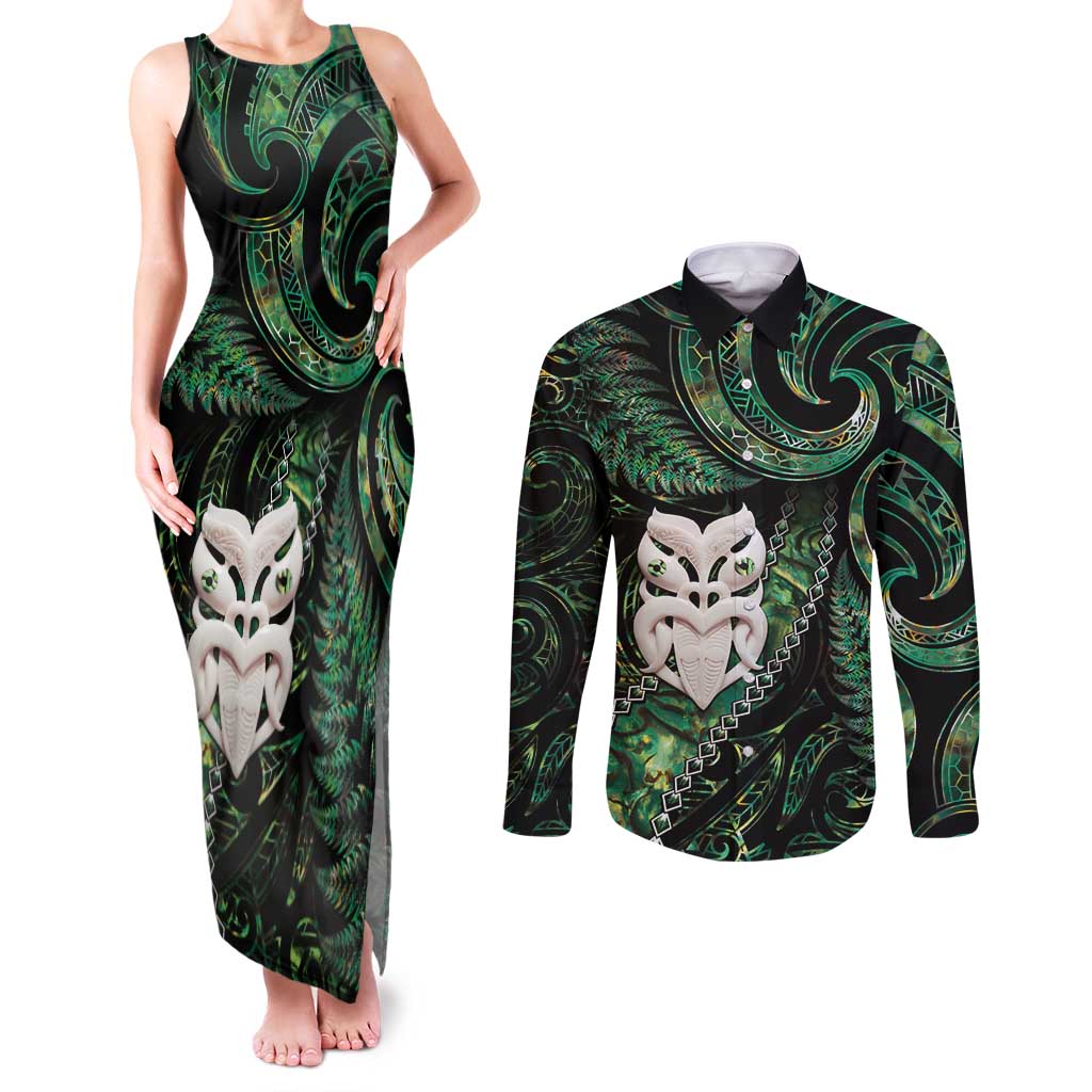 New Zealand Aotearoa Couples Matching Tank Maxi Dress and Long Sleeve Button Shirt Maori Wheku Paua Shell Glitter Green