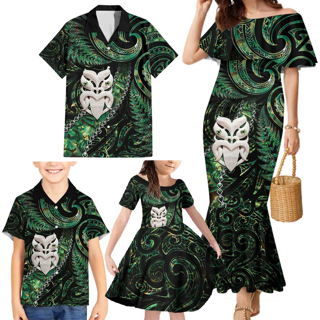 New Zealand Aotearoa Family Matching Mermaid Dress and Hawaiian Shirt Maori Wheku Paua Shell Glitter Green