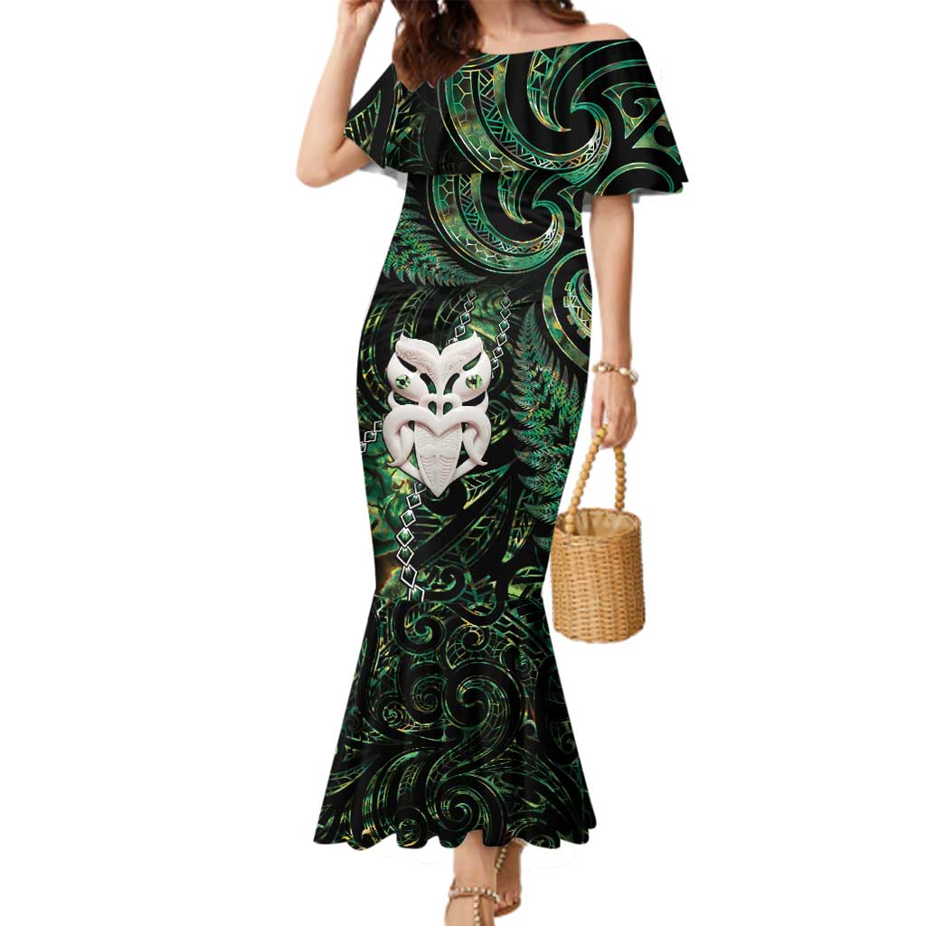 New Zealand Aotearoa Family Matching Mermaid Dress and Hawaiian Shirt Maori Wheku Paua Shell Glitter Green