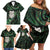 New Zealand Aotearoa Family Matching Off Shoulder Short Dress and Hawaiian Shirt Maori Wheku Paua Shell Glitter Green