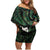 New Zealand Aotearoa Family Matching Off Shoulder Short Dress and Hawaiian Shirt Maori Wheku Paua Shell Glitter Green