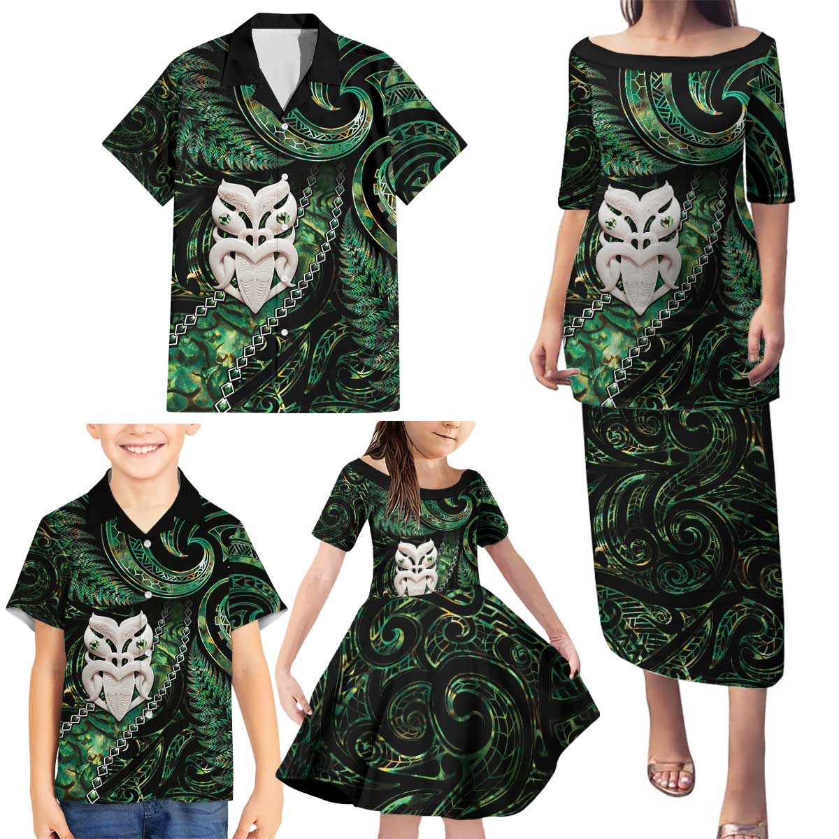 New Zealand Aotearoa Family Matching Puletasi and Hawaiian Shirt Maori Wheku Paua Shell Glitter Green