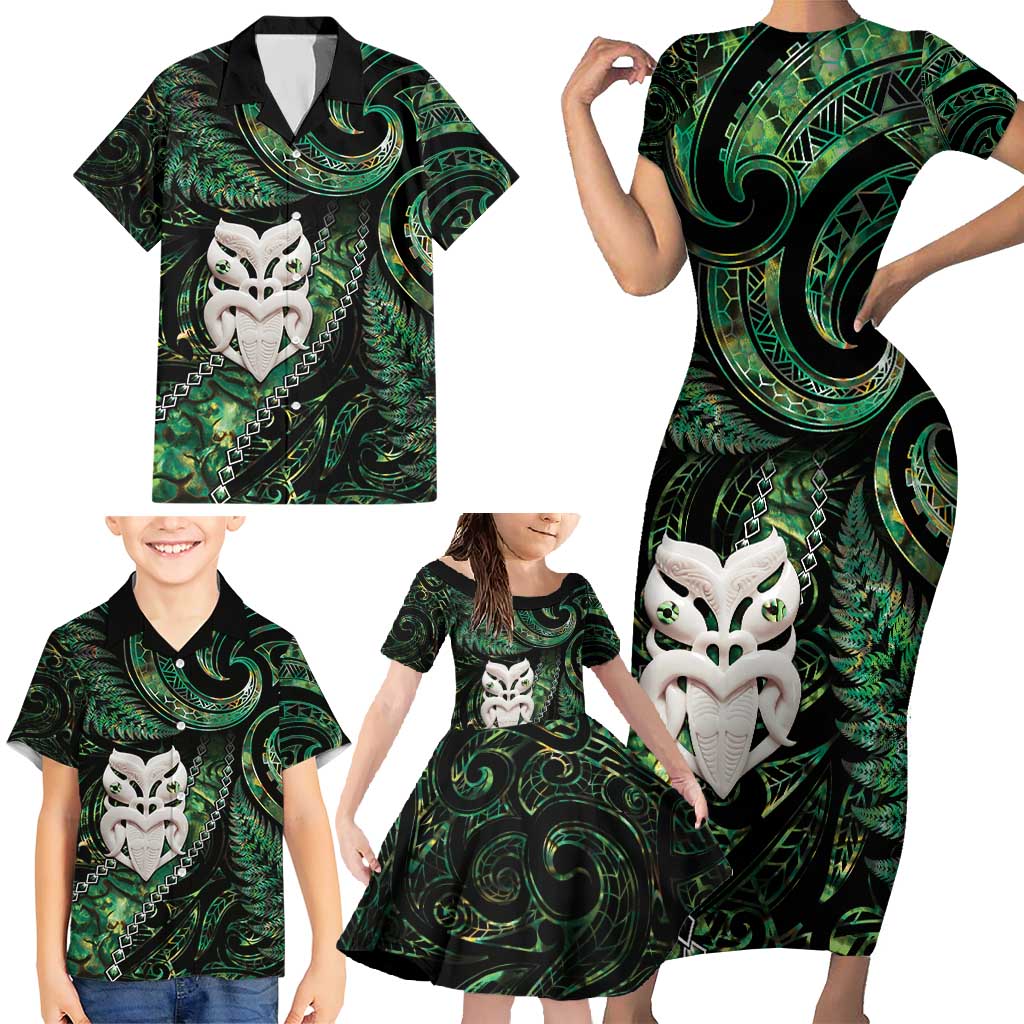 New Zealand Aotearoa Family Matching Short Sleeve Bodycon Dress and Hawaiian Shirt Maori Wheku Paua Shell Glitter Green