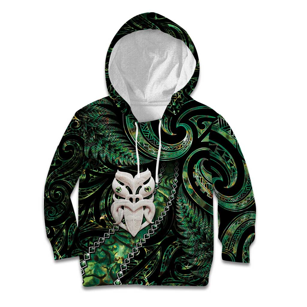 New Zealand Aotearoa Kid Hoodie Maori Wheku Paua Shell Glitter Green