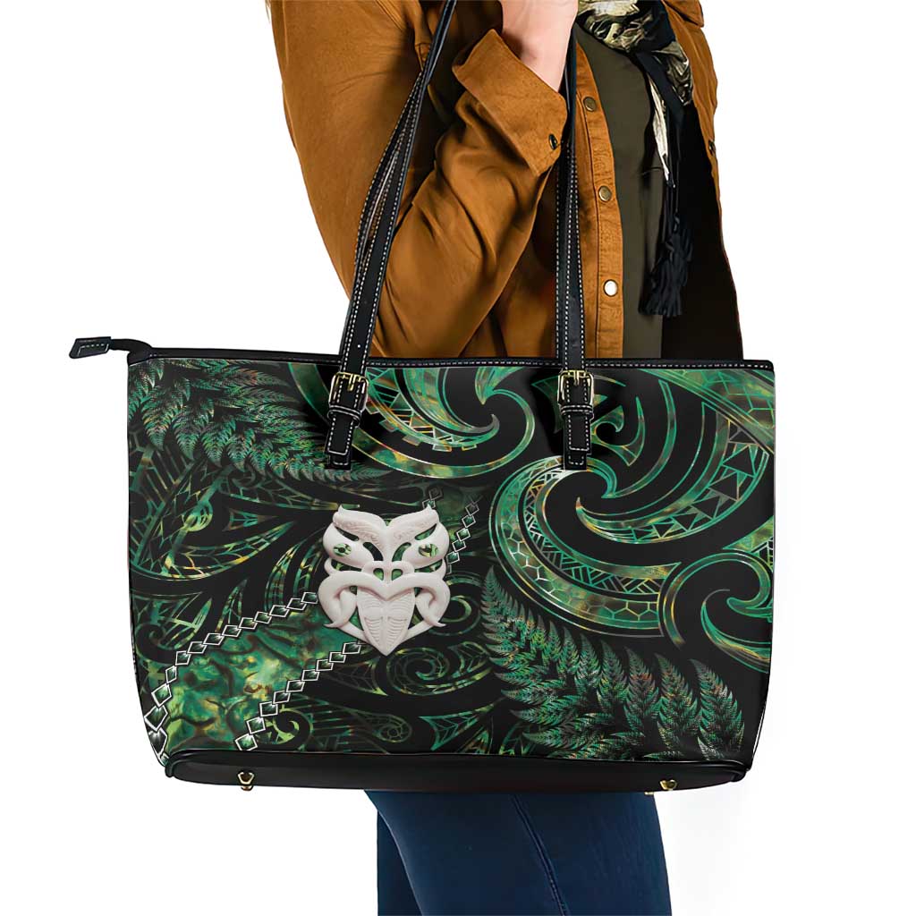 New Zealand Aotearoa Leather Tote Bag Maori Wheku Paua Shell Glitter Green LT05 - Polynesian Pride