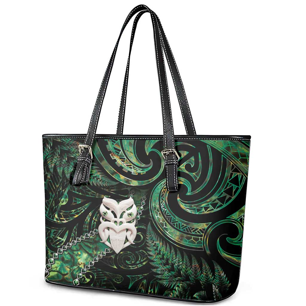 New Zealand Aotearoa Leather Tote Bag Maori Wheku Paua Shell Glitter Green LT05 - Polynesian Pride