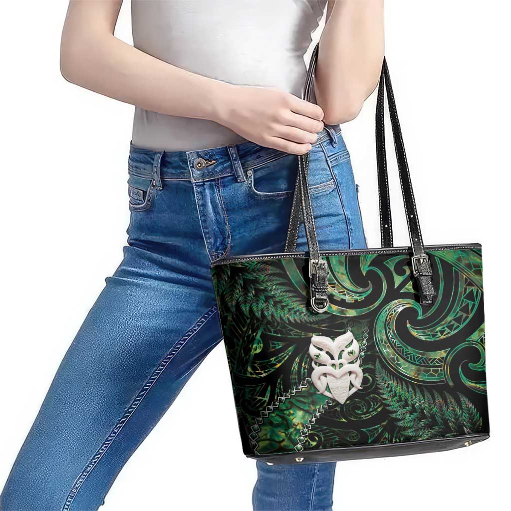 New Zealand Aotearoa Leather Tote Bag Maori Wheku Paua Shell Glitter Green LT05 - Polynesian Pride