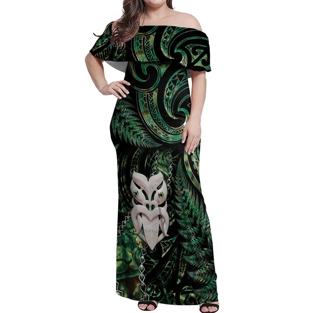 New Zealand Aotearoa Off Shoulder Maxi Dress Maori Wheku Paua Shell Glitter Green LT05 Women Green - Polynesian Pride