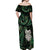 New Zealand Aotearoa Off Shoulder Maxi Dress Maori Wheku Paua Shell Glitter Green