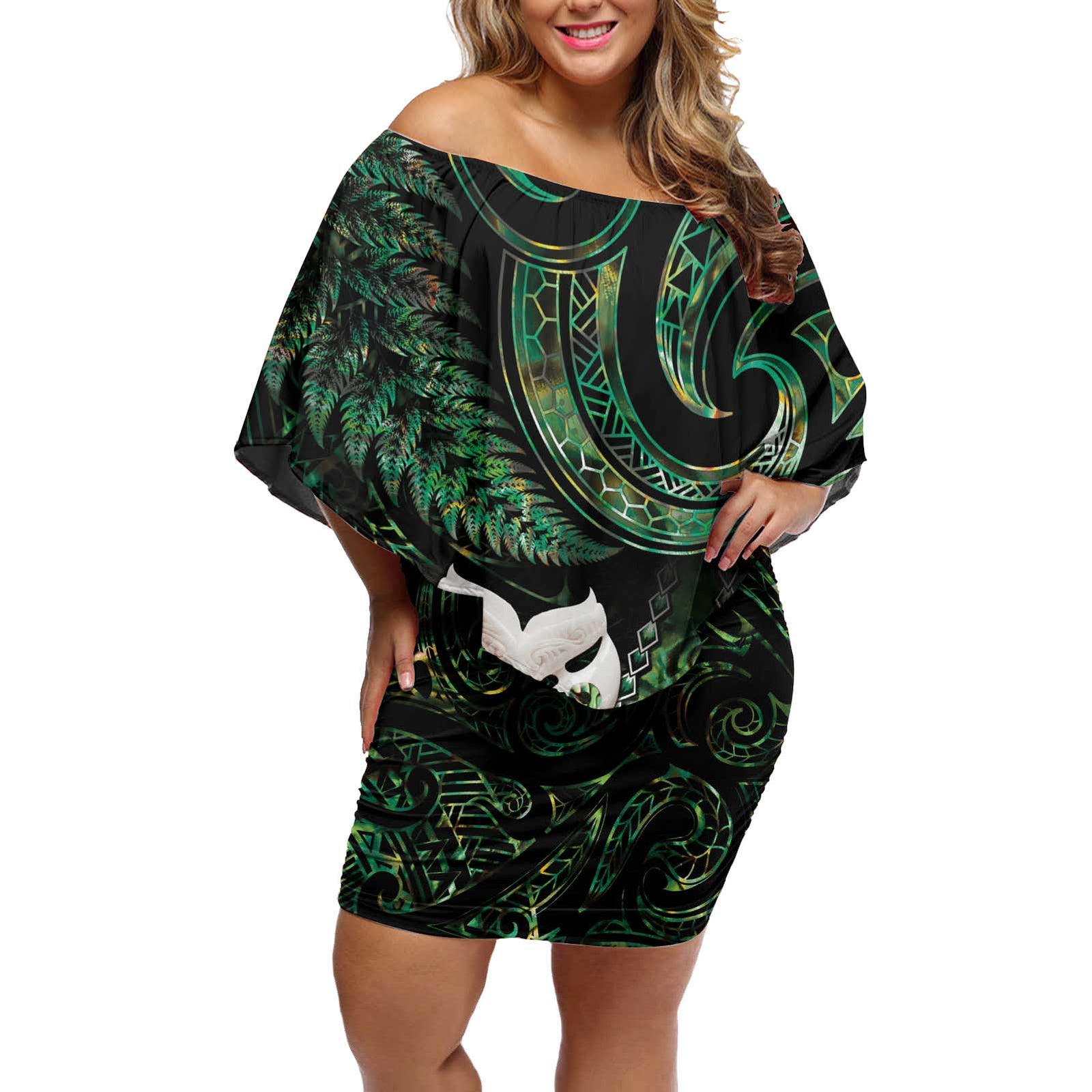 New Zealand Aotearoa Off Shoulder Short Dress Maori Wheku Paua Shell Glitter Green LT05 Women Green - Polynesian Pride