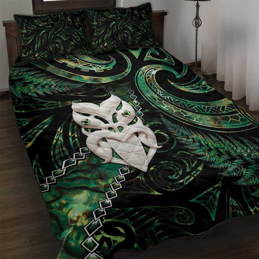 New Zealand Aotearoa Quilt Bed Set Maori Wheku Paua Shell Glitter Green