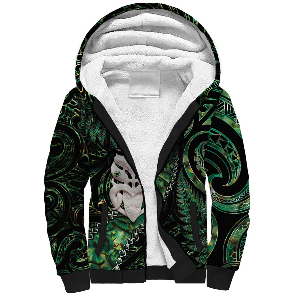 New Zealand Aotearoa Sherpa Hoodie Maori Wheku Paua Shell Glitter Green LT05 Unisex Green - Polynesian Pride