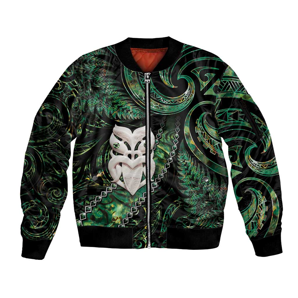 New Zealand Aotearoa Sleeve Zip Bomber Jacket Maori Wheku Paua Shell Glitter Green