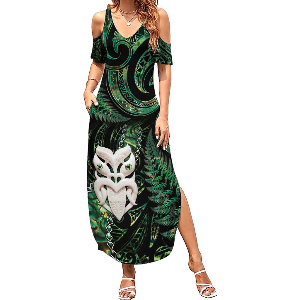 New Zealand Aotearoa Summer Maxi Dress Maori Wheku Paua Shell Glitter Green LT05 Women Green - Polynesian Pride