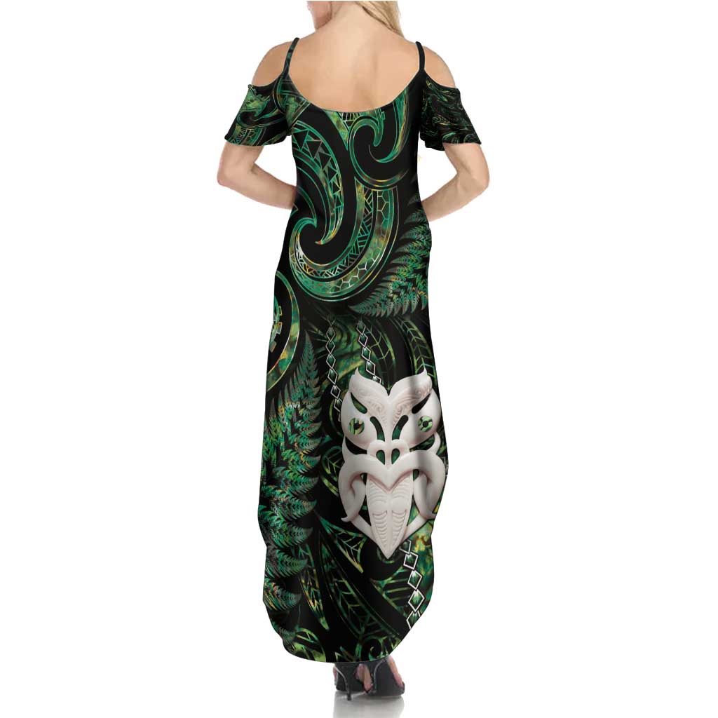 New Zealand Aotearoa Summer Maxi Dress Maori Wheku Paua Shell Glitter Green LT05 - Polynesian Pride