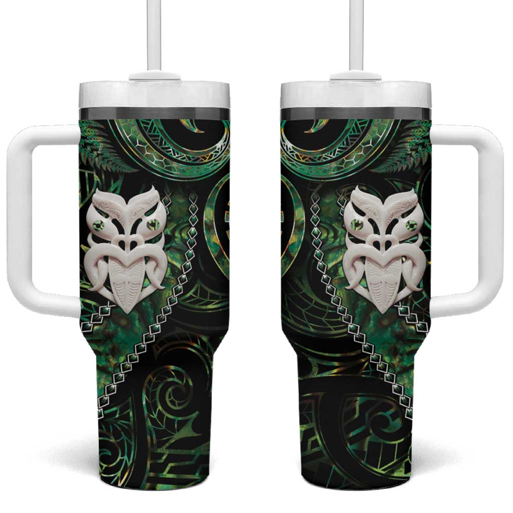 New Zealand Aotearoa Tumbler With Handle Maori Wheku Paua Shell Glitter Green LT05 One Size: 40 oz Green - Polynesian Pride