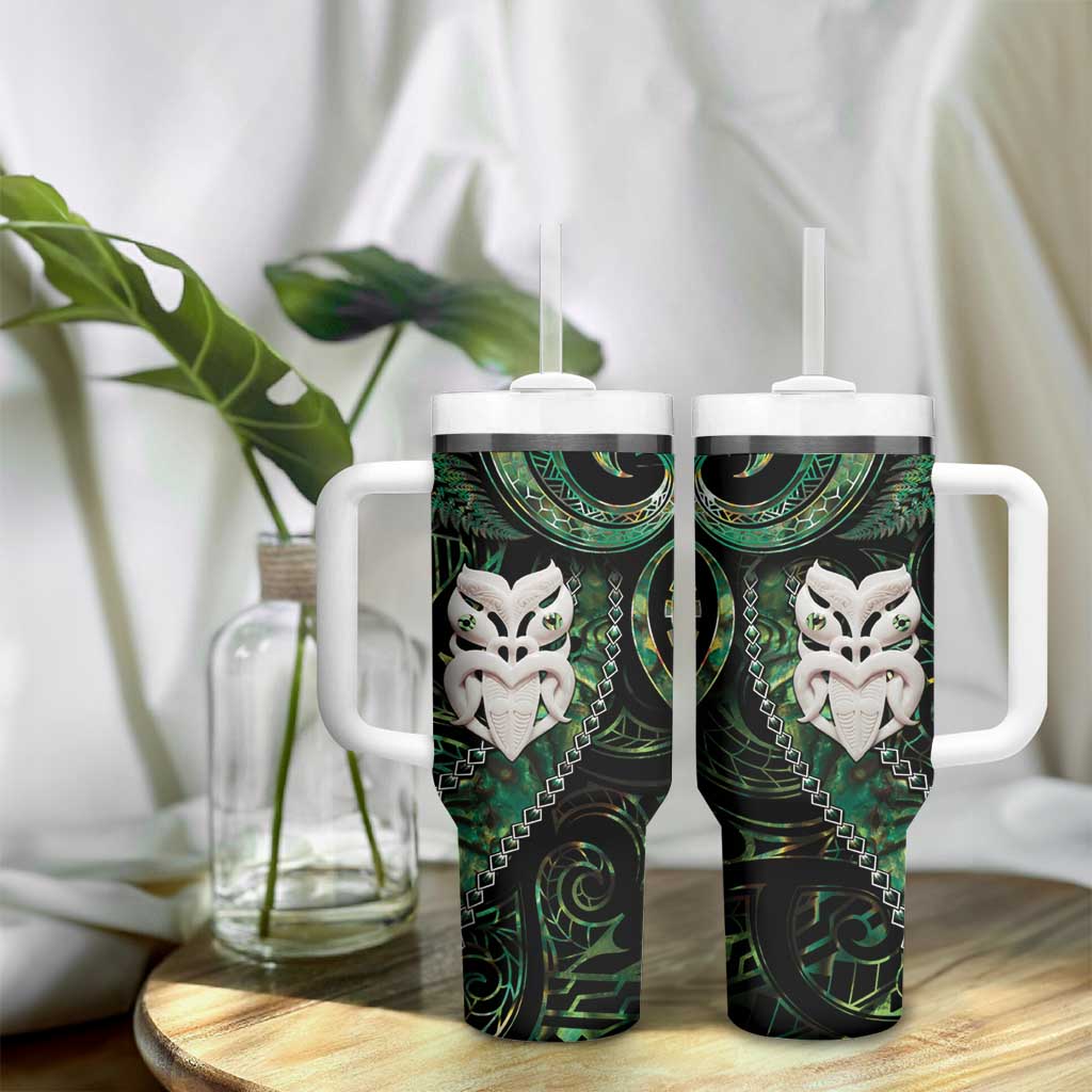New Zealand Aotearoa Tumbler With Handle Maori Wheku Paua Shell Glitter Green LT05 - Polynesian Pride