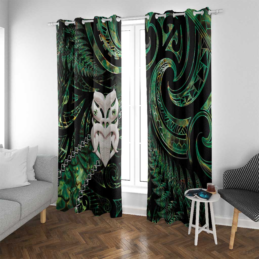 New Zealand Aotearoa Window Curtain Maori Wheku Paua Shell Glitter Green LT05 With Grommets Green - Polynesian Pride