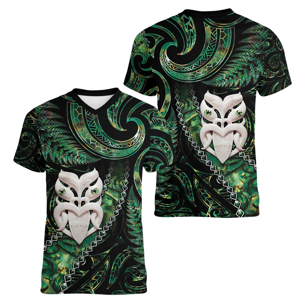 New Zealand Aotearoa Women V-Neck T-Shirt Maori Wheku Paua Shell Glitter Green