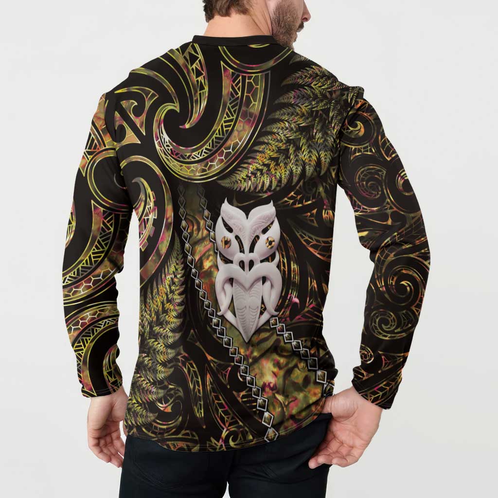 New Zealand Aotearoa Button Sweatshirt Maori Wheku Paua Shell Glitter Gold LT05 - Polynesian Pride