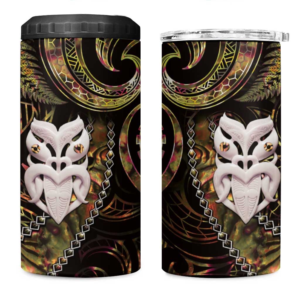 New Zealand Aotearoa 4 in 1 Can Cooler Tumbler Maori Wheku Paua Shell Glitter Gold