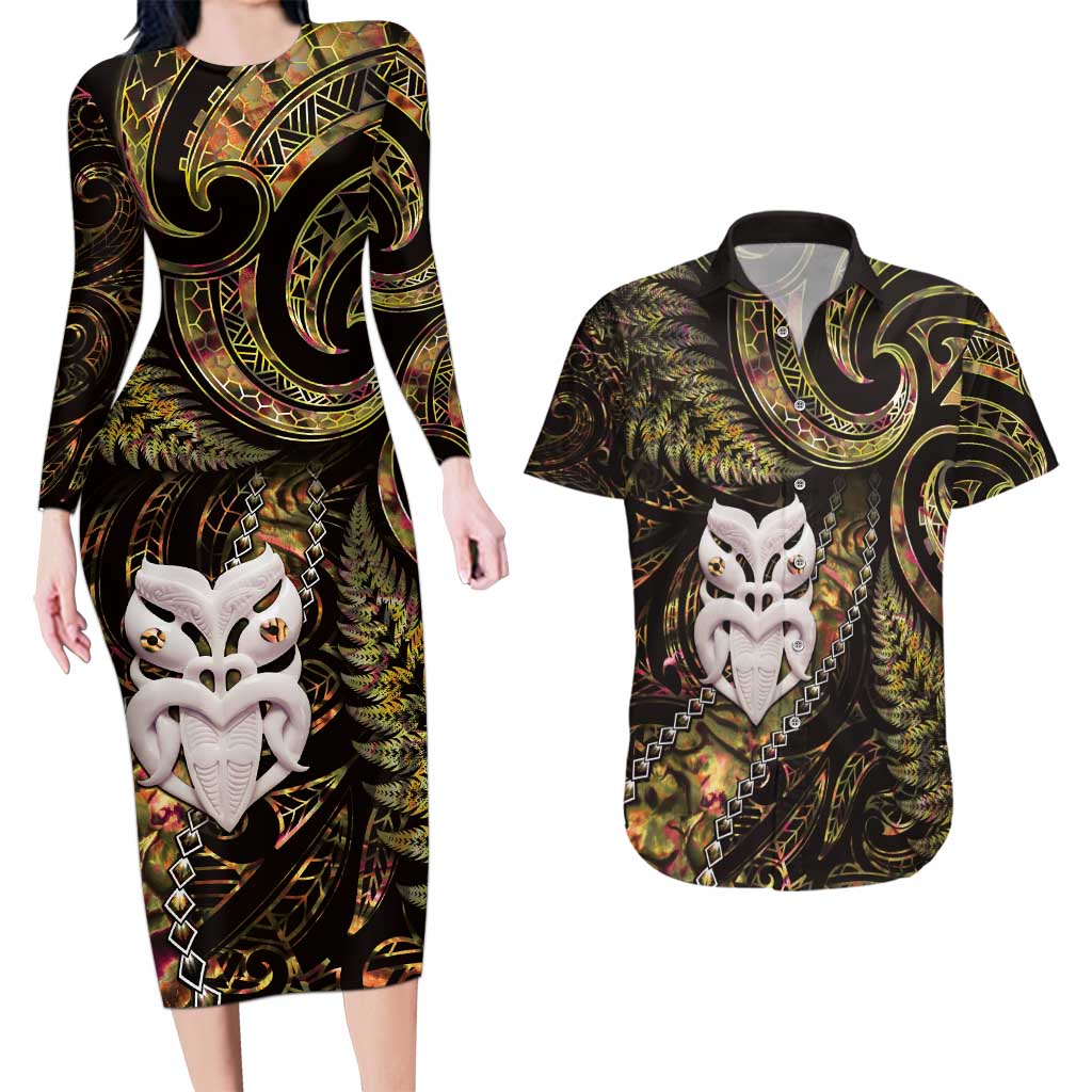 New Zealand Aotearoa Couples Matching Long Sleeve Bodycon Dress and Hawaiian Shirt Maori Wheku Paua Shell Glitter Gold