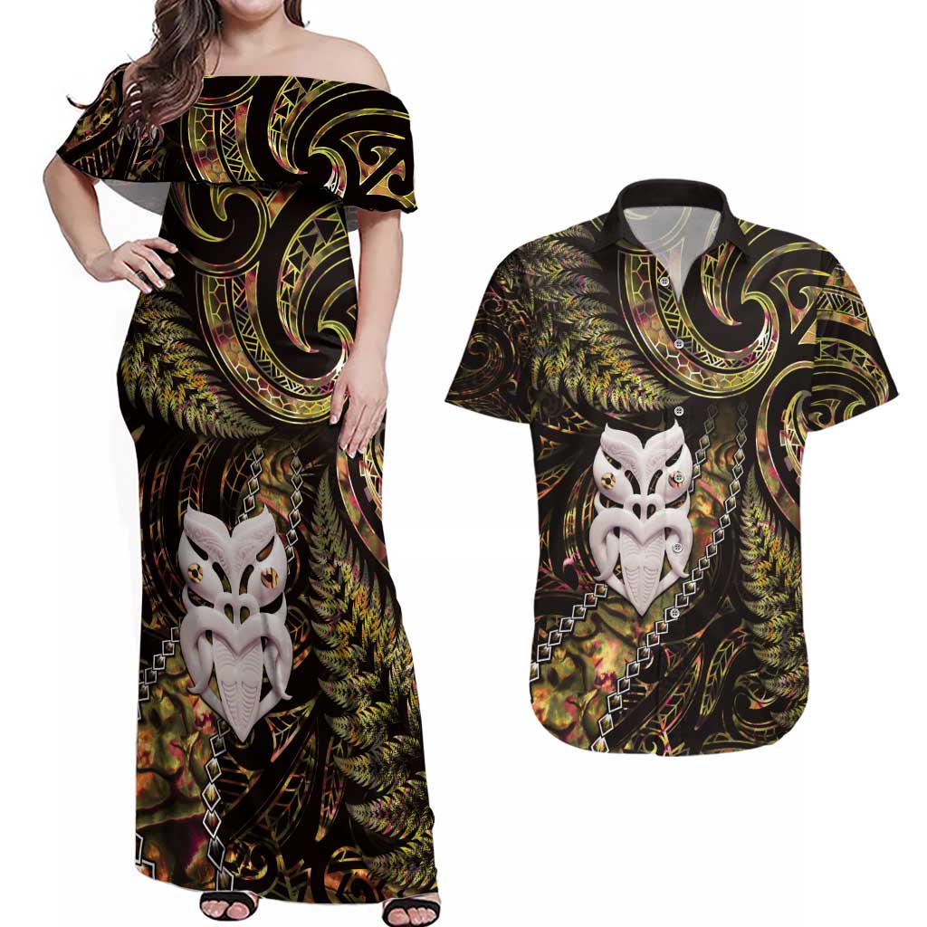 New Zealand Aotearoa Couples Matching Off Shoulder Maxi Dress and Hawaiian Shirt Maori Wheku Paua Shell Glitter Gold