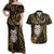 New Zealand Aotearoa Couples Matching Off Shoulder Maxi Dress and Hawaiian Shirt Maori Wheku Paua Shell Glitter Gold