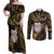 New Zealand Aotearoa Couples Matching Off Shoulder Maxi Dress and Long Sleeve Button Shirt Maori Wheku Paua Shell Glitter Gold