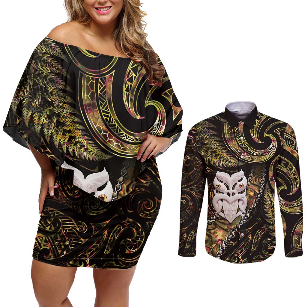 New Zealand Aotearoa Couples Matching Off Shoulder Short Dress and Long Sleeve Button Shirt Maori Wheku Paua Shell Glitter Gold