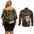 New Zealand Aotearoa Couples Matching Off Shoulder Short Dress and Long Sleeve Button Shirt Maori Wheku Paua Shell Glitter Gold