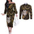 New Zealand Aotearoa Couples Matching Off The Shoulder Long Sleeve Dress and Long Sleeve Button Shirt Maori Wheku Paua Shell Glitter Gold