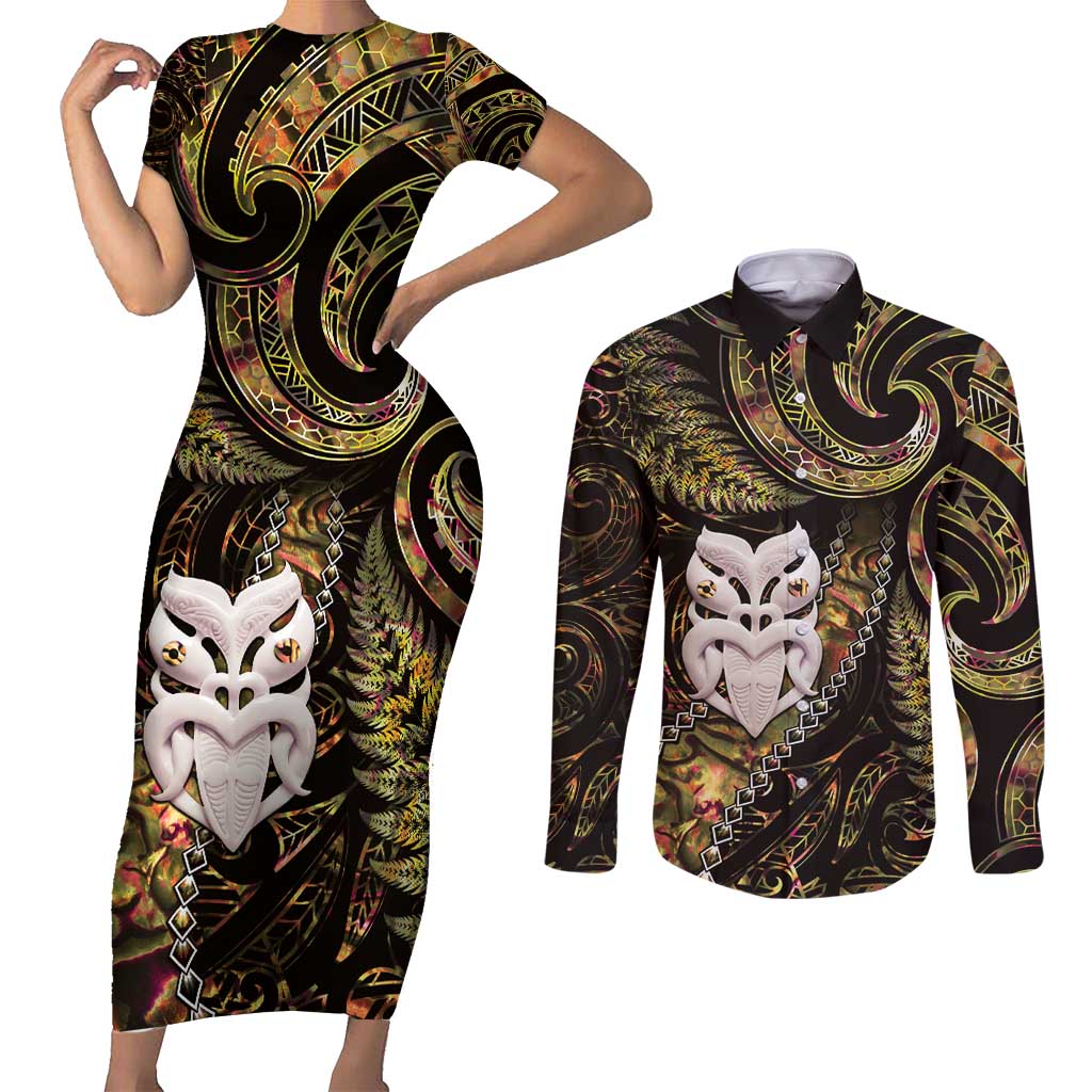 New Zealand Aotearoa Couples Matching Short Sleeve Bodycon Dress and Long Sleeve Button Shirt Maori Wheku Paua Shell Glitter Gold