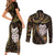 New Zealand Aotearoa Couples Matching Short Sleeve Bodycon Dress and Long Sleeve Button Shirt Maori Wheku Paua Shell Glitter Gold