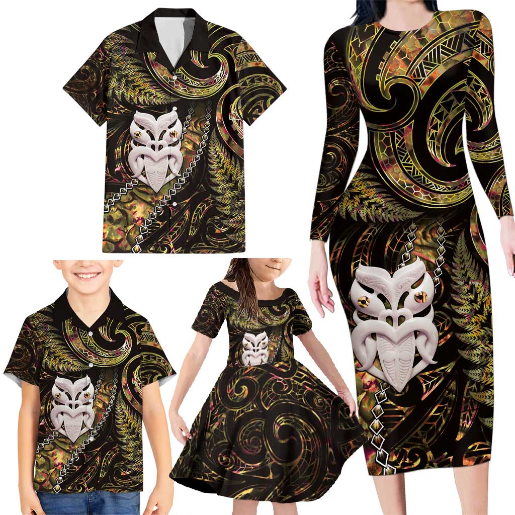 New Zealand Aotearoa Family Matching Long Sleeve Bodycon Dress and Hawaiian Shirt Maori Wheku Paua Shell Glitter Gold LT05 - Polynesian Pride