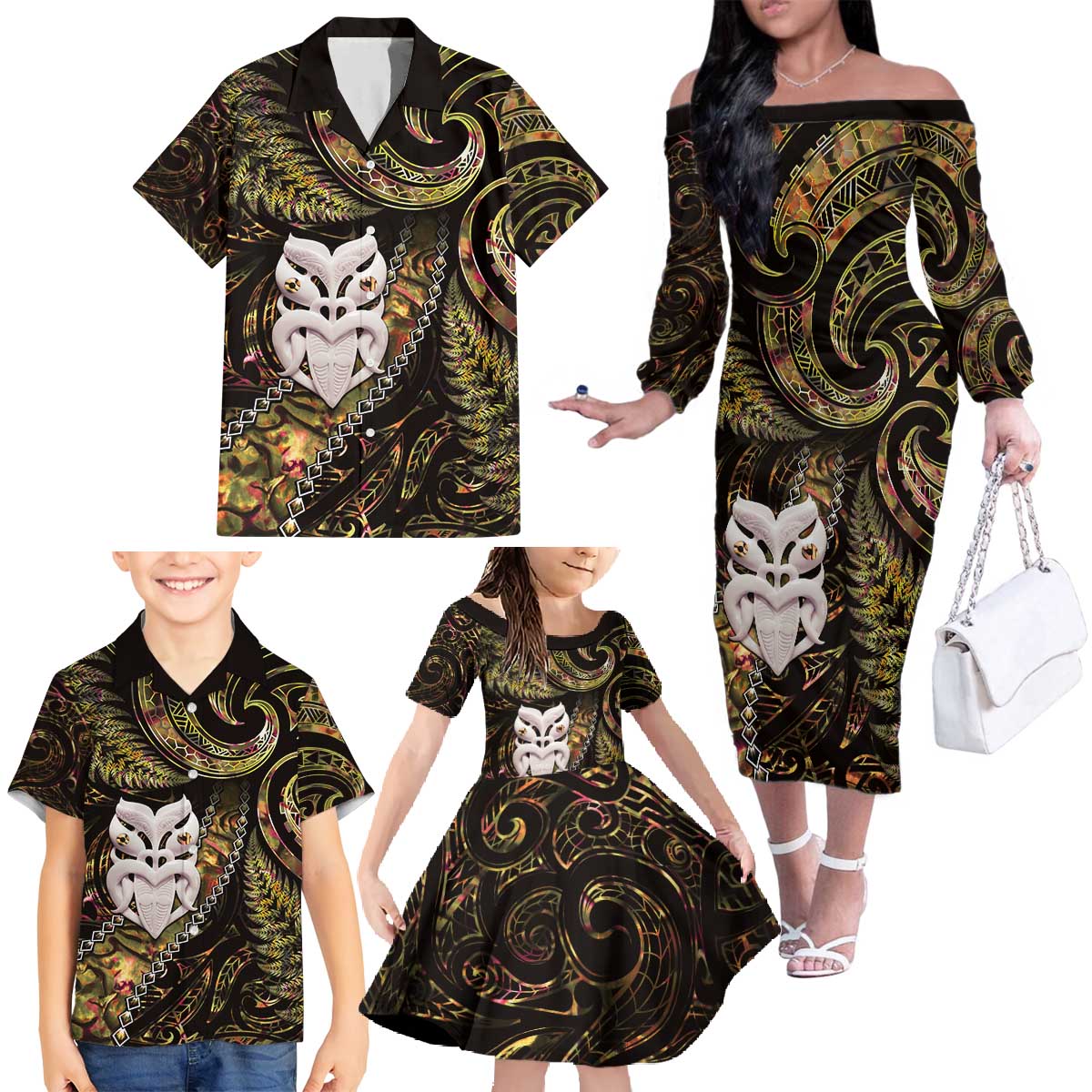 New Zealand Aotearoa Family Matching Off The Shoulder Long Sleeve Dress and Hawaiian Shirt Maori Wheku Paua Shell Glitter Gold