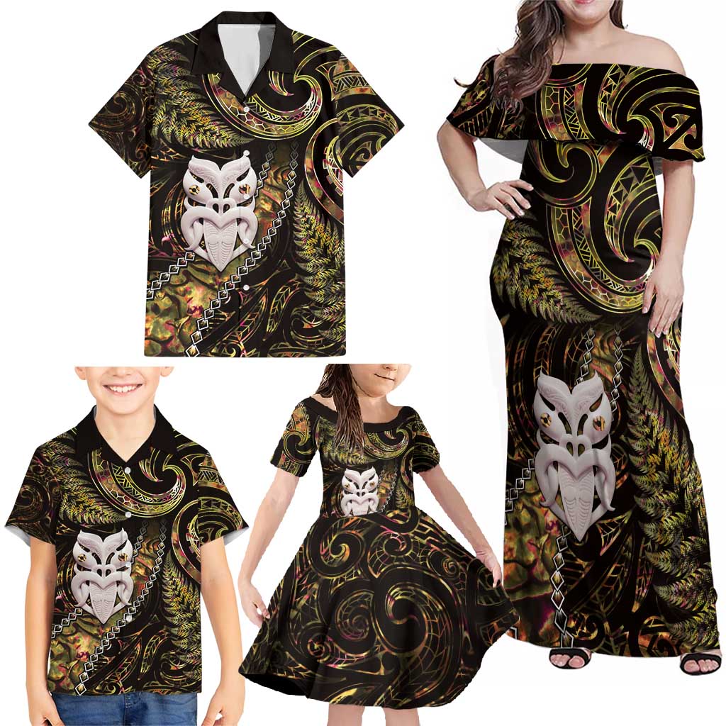 New Zealand Aotearoa Family Matching Off Shoulder Maxi Dress and Hawaiian Shirt Maori Wheku Paua Shell Glitter Gold LT05 - Polynesian Pride