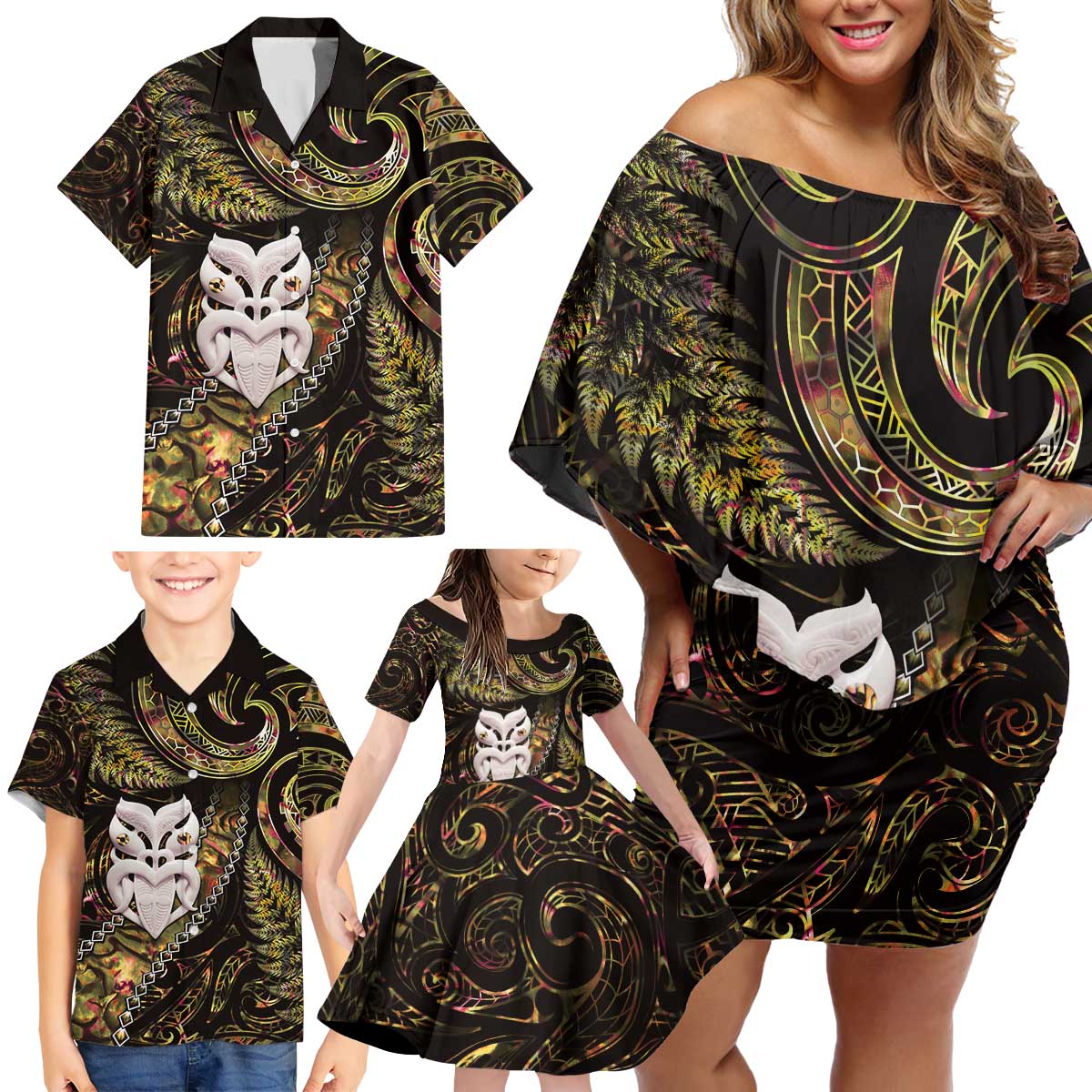 New Zealand Aotearoa Family Matching Off Shoulder Short Dress and Hawaiian Shirt Maori Wheku Paua Shell Glitter Gold