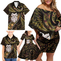 New Zealand Aotearoa Family Matching Off Shoulder Short Dress and Hawaiian Shirt Maori Wheku Paua Shell Glitter Gold