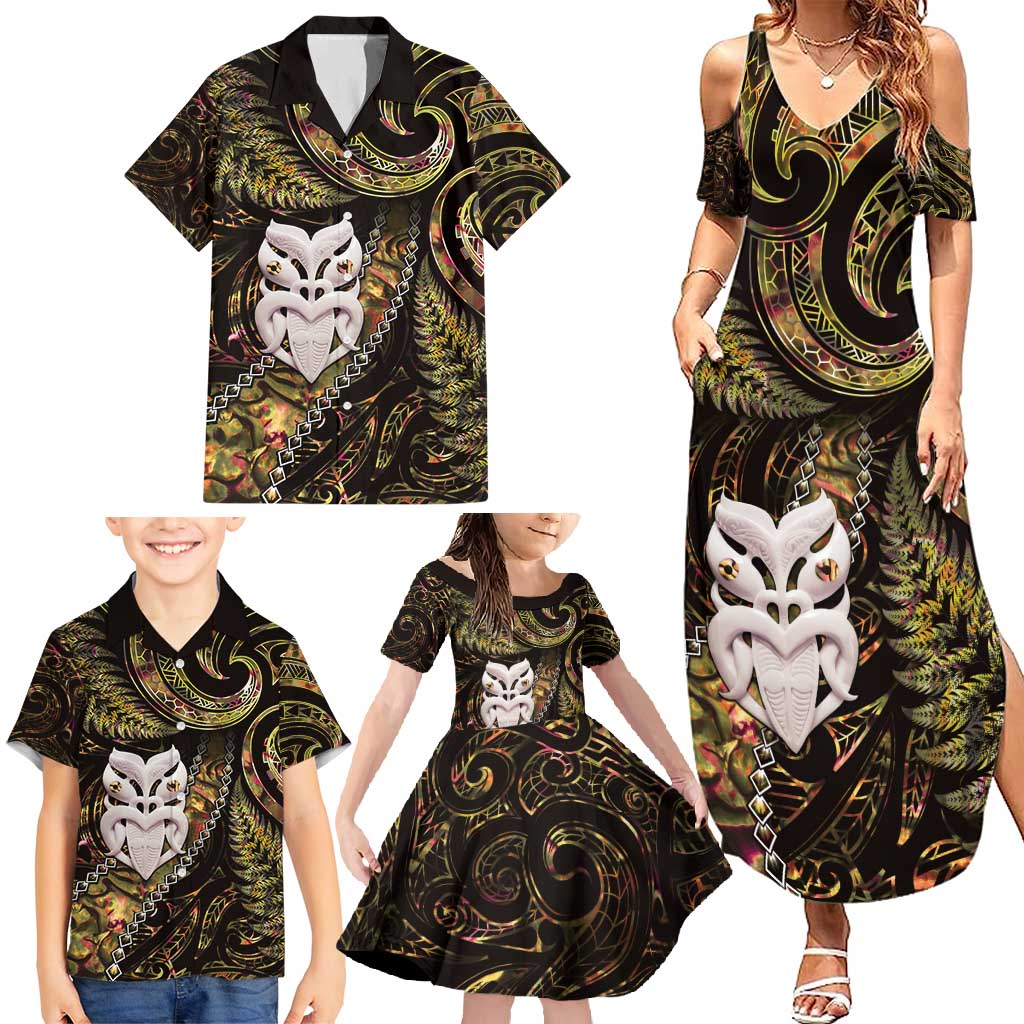 New Zealand Aotearoa Family Matching Summer Maxi Dress and Hawaiian Shirt Maori Wheku Paua Shell Glitter Gold