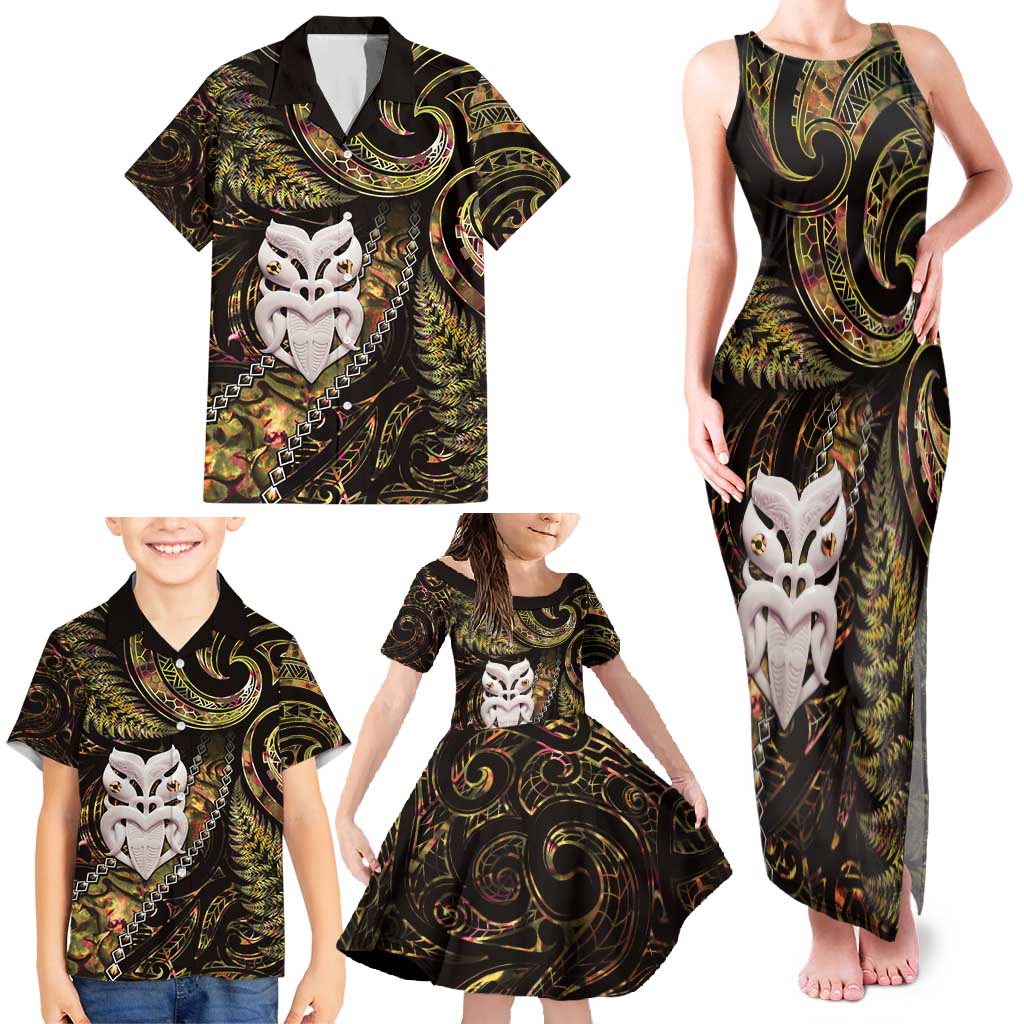 New Zealand Aotearoa Family Matching Tank Maxi Dress and Hawaiian Shirt Maori Wheku Paua Shell Glitter Gold