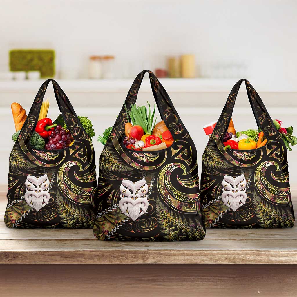 New Zealand Aotearoa Grocery Bag Maori Wheku Paua Shell Glitter Gold LT05 3-pack One Size Gold - Polynesian Pride