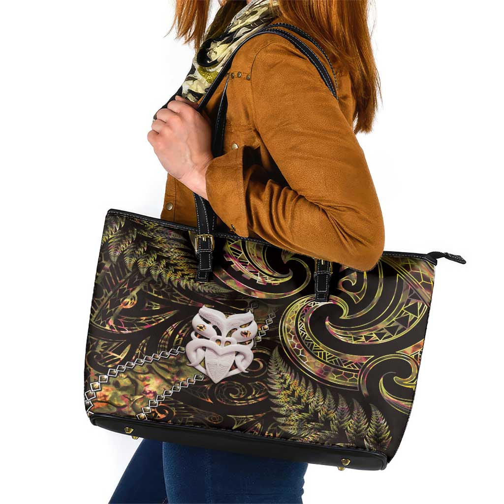 New Zealand Aotearoa Leather Tote Bag Maori Wheku Paua Shell Glitter Gold LT05 Gold - Polynesian Pride